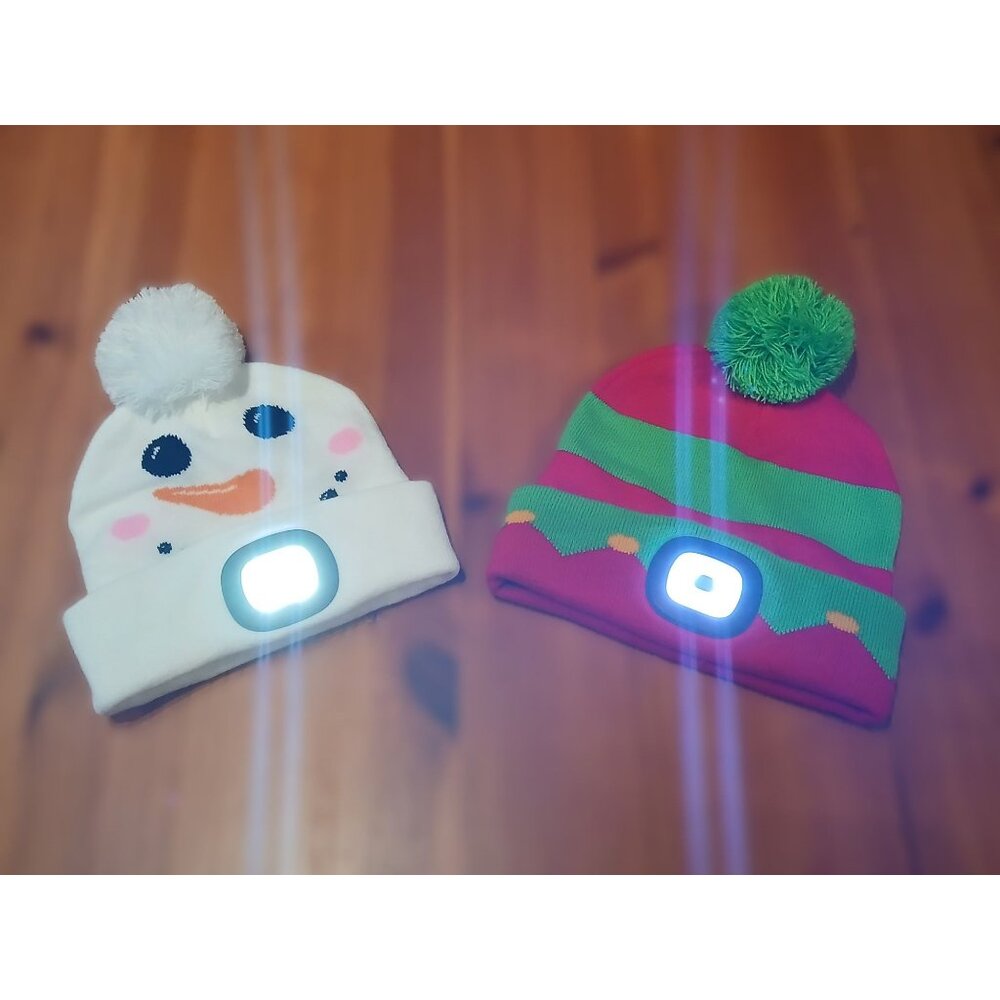 Night Scope Beanie Cap Lot of 2 Winter Holiday Snowman Elf Hat White Color Light